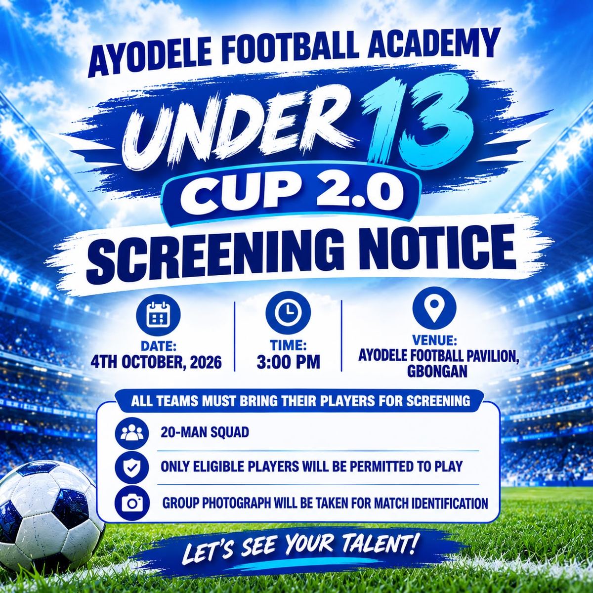 Under 13 Cup 2.0 screening poster